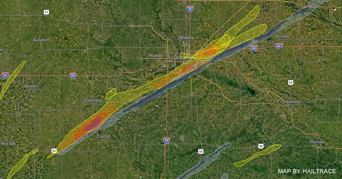 Hail, Tornado Path Map Des Moines, Iowa - March 5, 2022