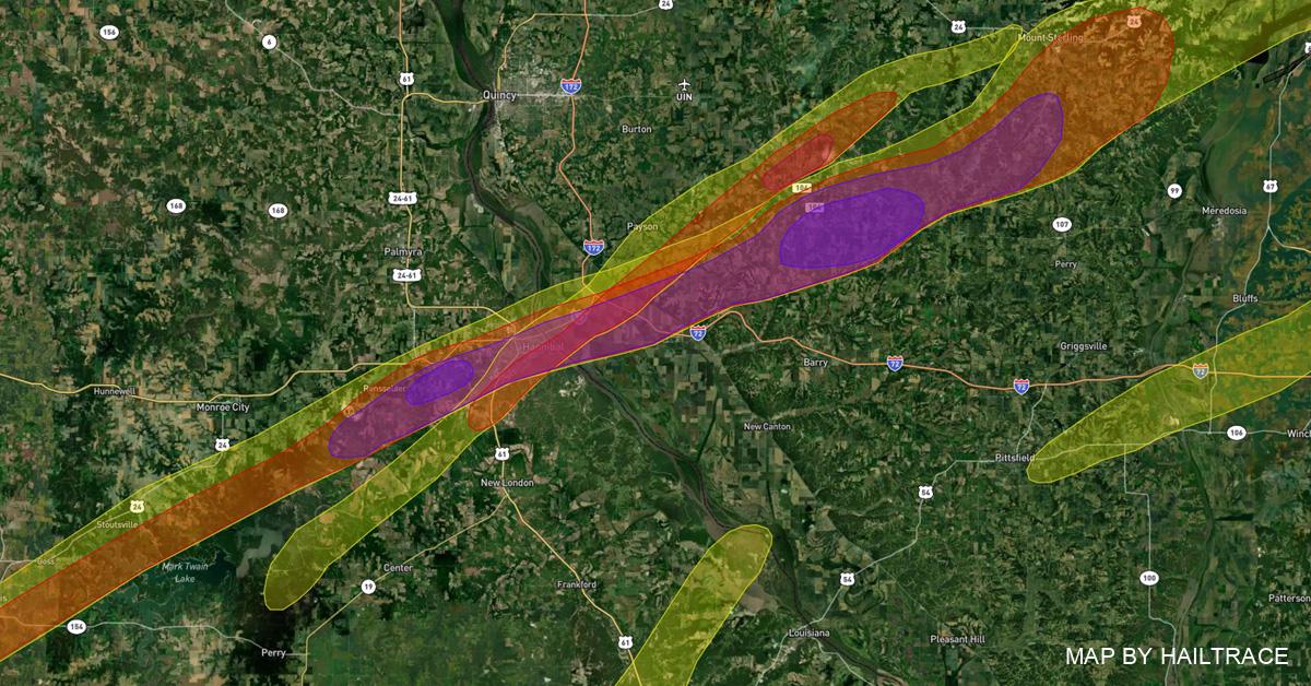 Hail Damage Map, Hannibal to Kingston, MO, Hail, 3/31/2023