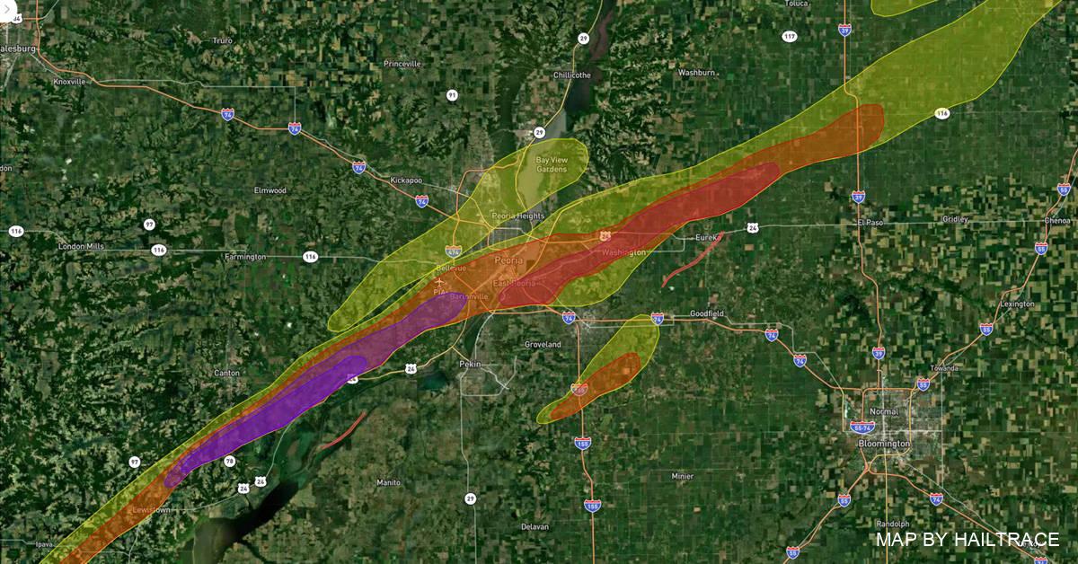 Hail Damage Map, Peoria, IL, Hail, 3/31/2023 Hail Damage Map, Peoria, IL, Hail, 3/31/2023